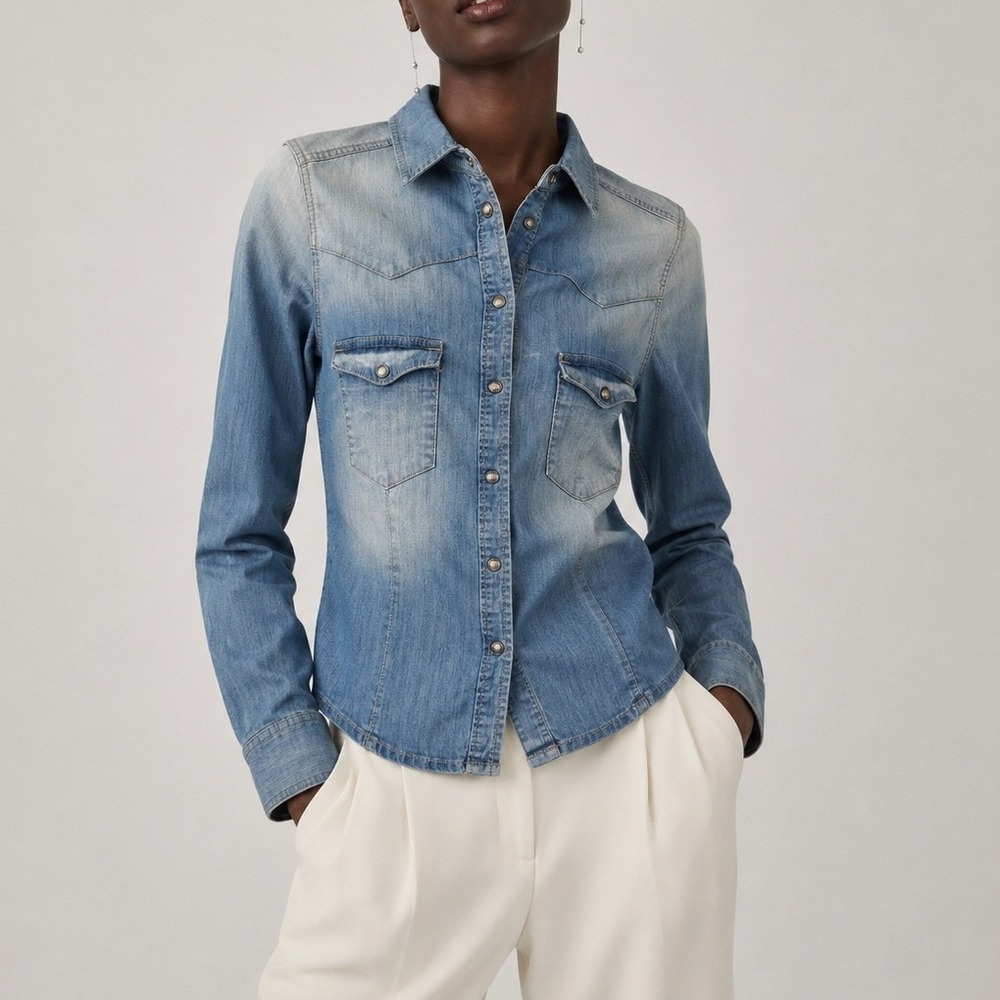 Zara Western Blue Cotton Ombre Denim Shirt Women M Snap Front Casual Everyday
